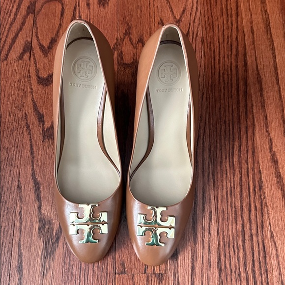 Tory Burch Shoes - Tory Burch Raleigh Wedge Tan with Gold Logo Shoes Heels
